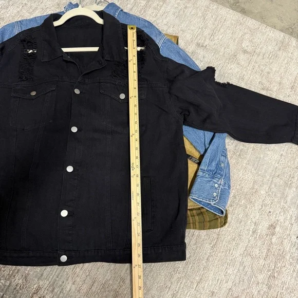Hank Williams Jr Fringe Destructed Black Denim Western Upcycled Jacket NWOT